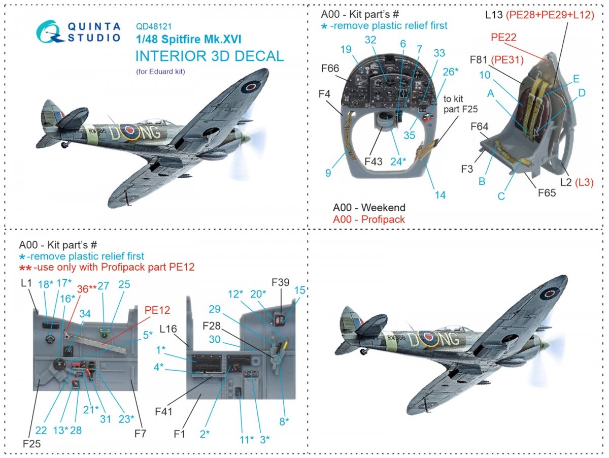 Quinta Studio QD48121 Spitfire Mk.XVI 3D-Printed &amp;amp; colored Interior on decal paper (Eduard) 1/48 – image 12