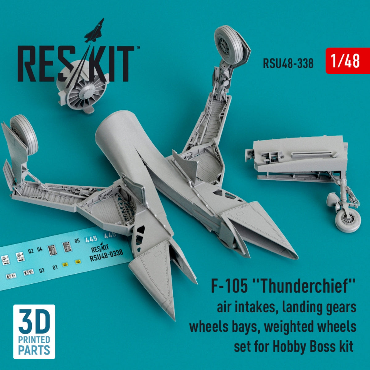 RESKIT RSU48-0338 F-105 Thunderchief : entrées d'air, trains d'atterrissage avec logements de roues et jeu de roues lestées pour maquette Hobby Boss (impression 3D) au 1/48