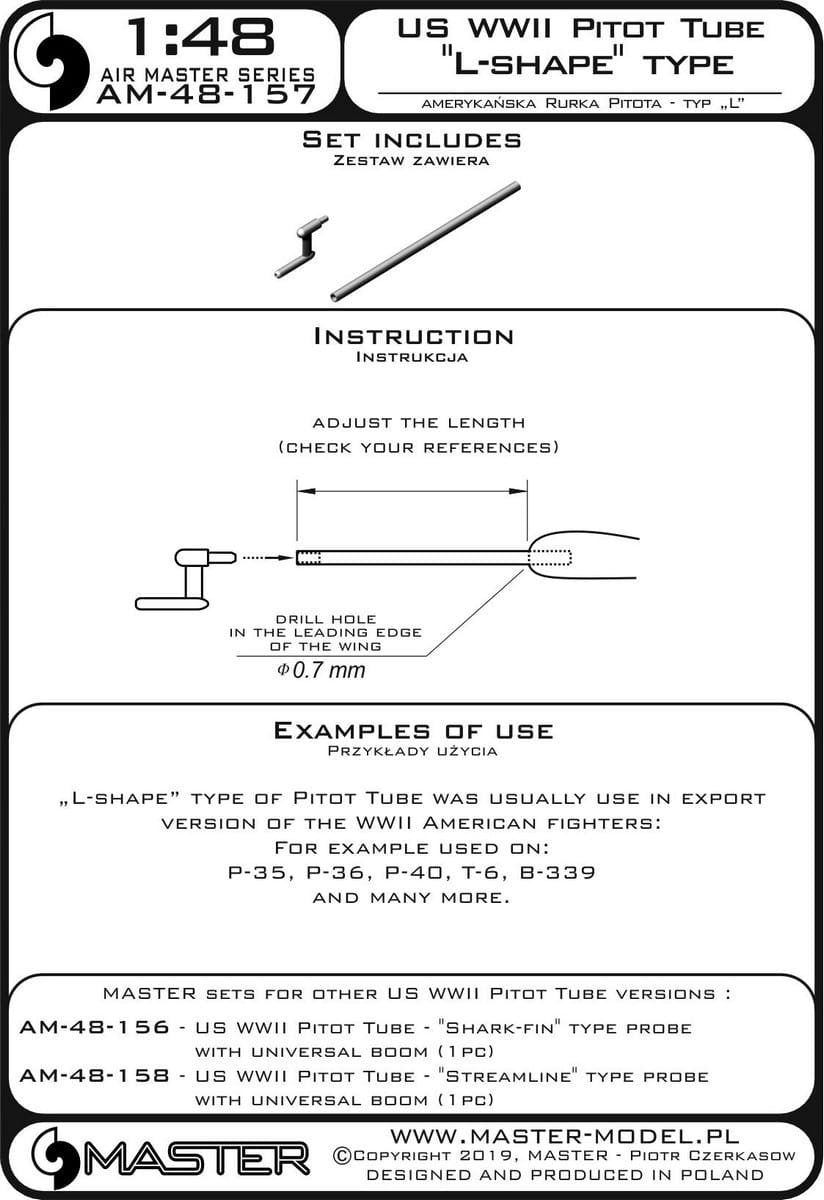 Master AM-48-157 American WWII Pitot Tube - Type &amp;quot;L&amp;quot; (1 pc.) - used mainly on export versions of American aircraft - P-35, P-36, P-40, T-6, B-339 and others 1/48 – image 4