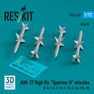 RESKIT RS72-0457 AIM-7F High Vis &amp;quot;Sparrow III&amp;quot; missiles (4 pcs) (3D Printed) 1/72