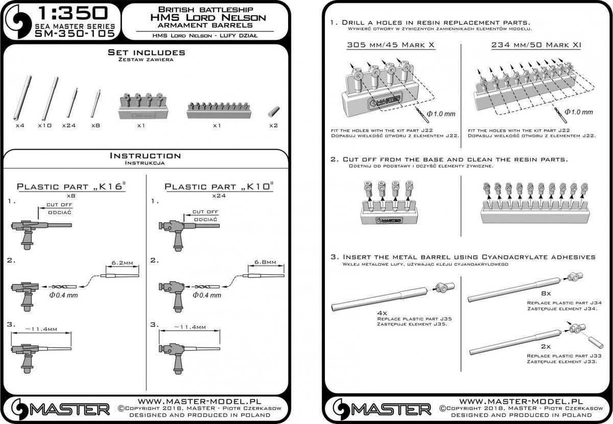 Master SM-350-105 HMS Lord Nelson Armament - 12 in (4 pcs.), 9.2 in (10 pcs.), 12 pdr (34 pcs.) barrels with resin barrel mounting parts (for Hobby Boss model) 1/350 – obrázek 6