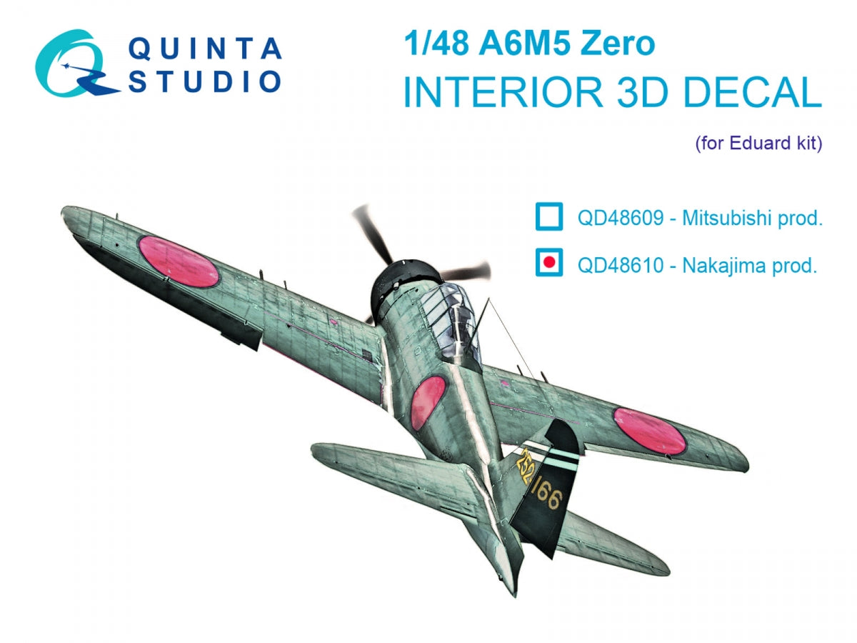 Quinta Studio QD48610 A6M5 Zero (Nakajima Production) 3D-Printed &amp;amp; colored Interior on decal paper (Eduard) 1/48