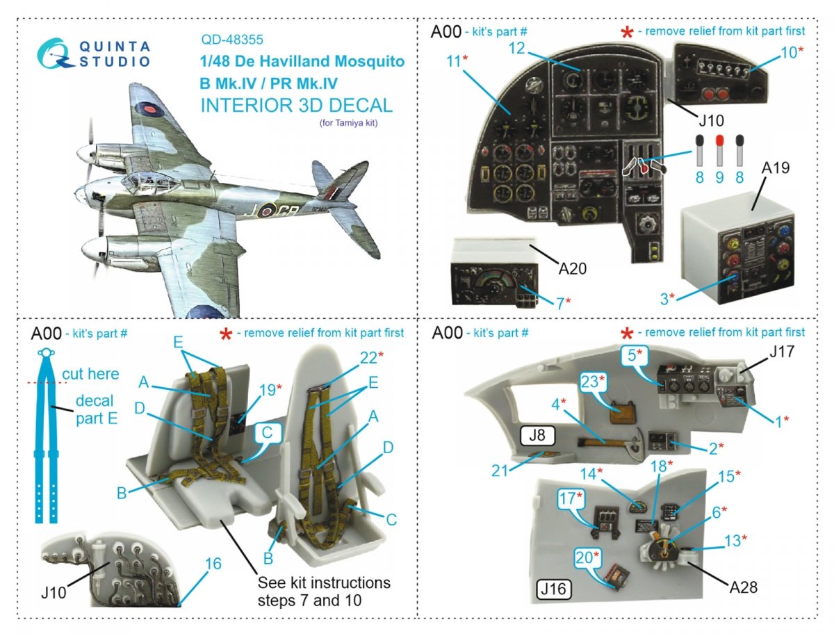 Quinta Studio QD48355 DH Mosquito B Mk.IV/PR Mk.IV 3D-Printed &amp;amp; colored Interior on decal paper (Tamiya) 1/48 – Bild 7