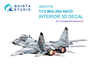 Quinta Studio QD72118 MiG-29A (NATO) 3D-Printed colored Interior on decal paper (Trumpeter/IBG Models) 1/72