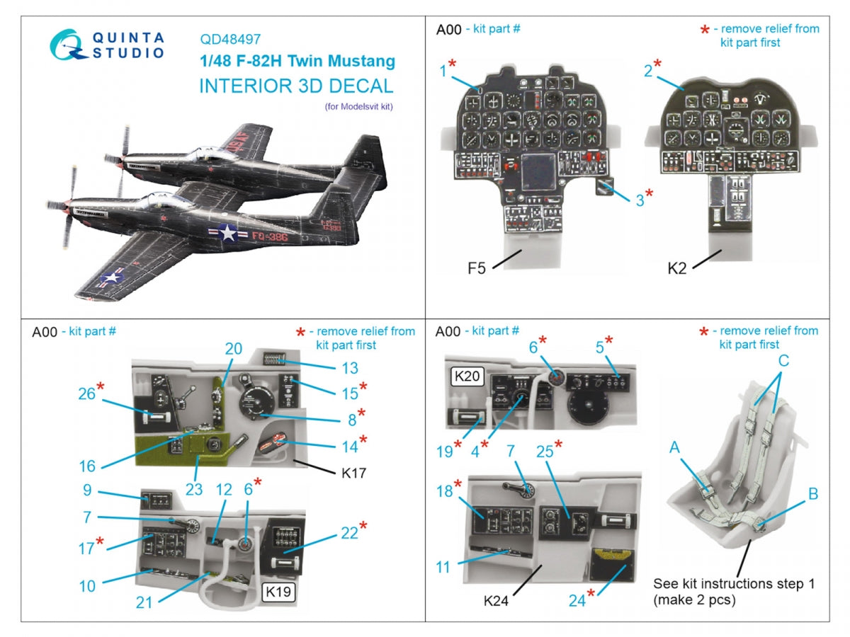 Quinta Studio QD48497 F-82H Twin Mustang 3D-Printed colored Interior on decal paper (Modelsvit) 1/48 – imagen 2