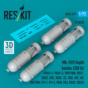 RESKIT RS72-0571 Mk-XVII Depth bombs (350 lb) (4 pcs) (PB4Y-1, PB4Y-2, PBY/PBN, PB2Y, SB2C, SOC, SO3C, SC, SBD, JRF, J4F, TBF/TBM, PV-1, PV-2, PBM, PBJ, OS2U, SB2U) (3D Printed) 1/72