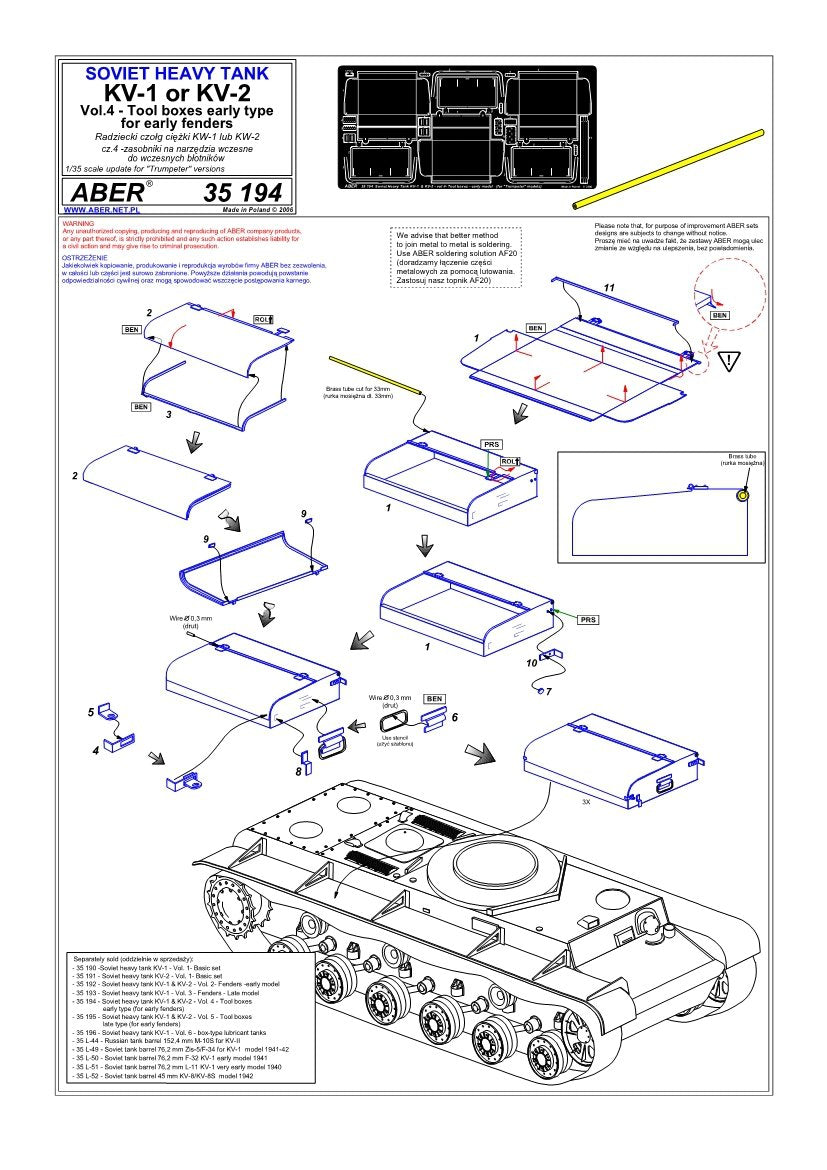 Aber 35194 Russian heavy tank KV-1, KV-2 - vol. 4 - additional set - tool boxes early type for early fenders 1/35 – obrázek 5