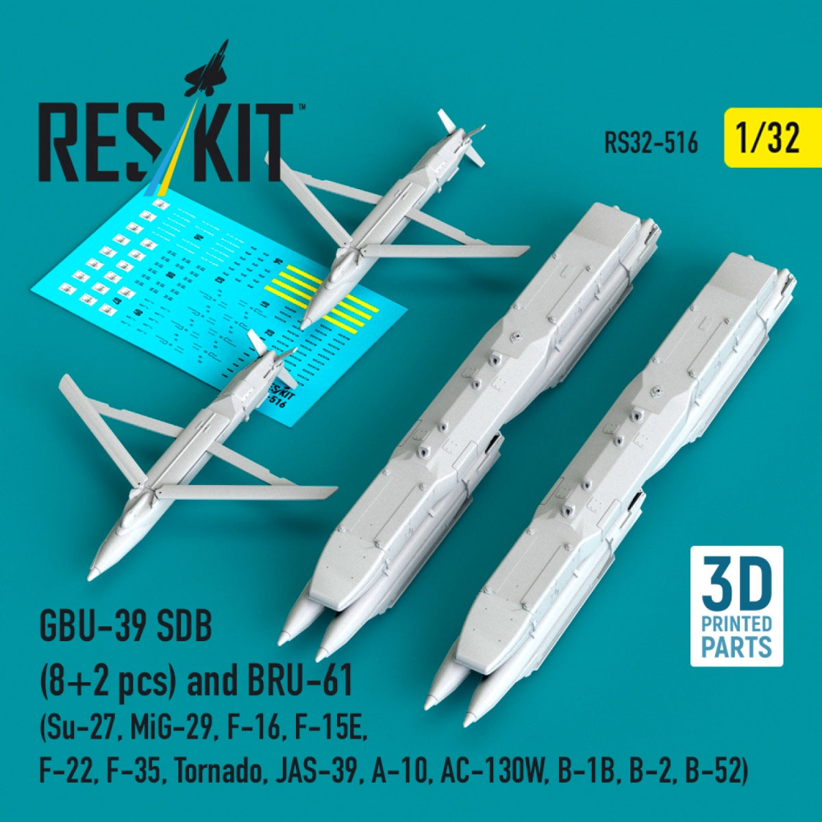 RESKIT RS32-0516 GBU-39 SDB (8 pcs) and BRU-61 (2 pcs) (Su-27, MiG-29, F-16, F-15E, F-22, F-35, Tornado, JAS-39, A-10, AC-130W, B-1B, B-2, B-52) (3D Printed) 1/32