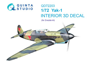 Quinta Studio QD72203 Yak-1 3D-Printed &amp;amp; colored Interior on decal paper (Zvezda) 1/72