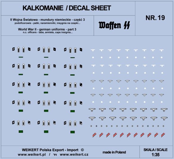 Weikert Decals DEC219 Uniformes allemands - onglets, épaulettes, insignes de casquette - WAFFEN SS - ver.3 - vol.19 1/35