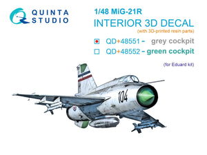 Quinta Studio QD+48551 MiG-21R (gray cockpit panels) 3D-Printed &amp;amp; colored Interior on decal paper (Eduard) (with 3D-printed resin parts) 1/48