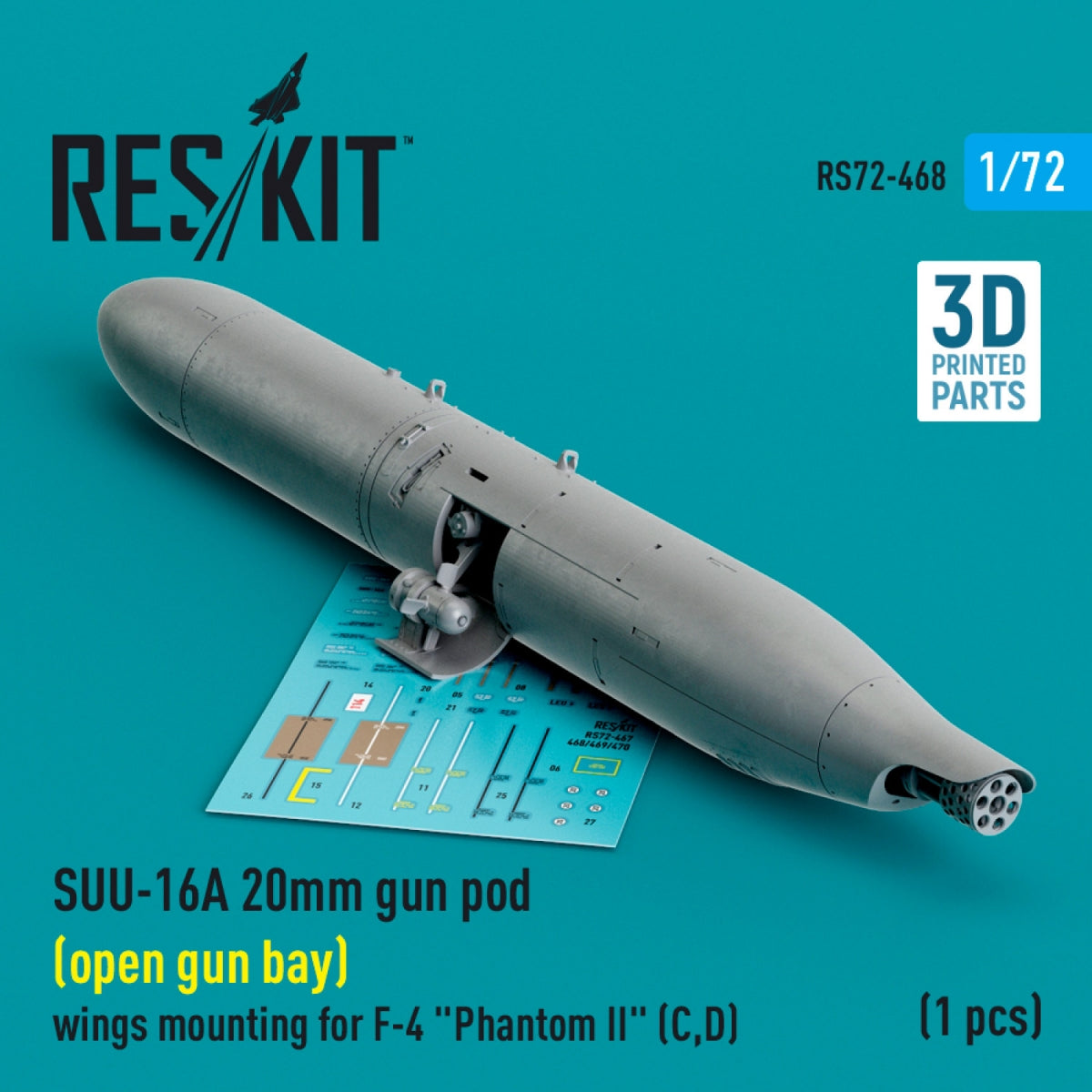 RESKIT RS72-0468 SUU-16A 20mm gun pod (open gun bay) wings mounting for F-4 Phantom II (C,D) (1 pcs) (3D Printed) 1/72