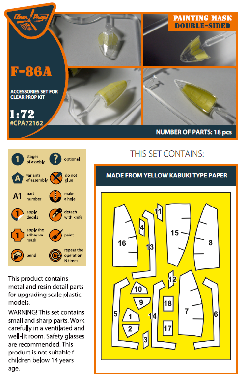 Clear Prop! CPA72162 F-86A double-sided painting mask on &amp;quot;yellow kabuki paper&amp;quot; for CP kits 1/72 – image 2