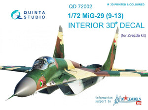 Quinta Studio QD72002 MiG-29 9-13 3D-Printed &amp;amp; colored Interior on decal paper for 7278 Zvezda kit 1/72