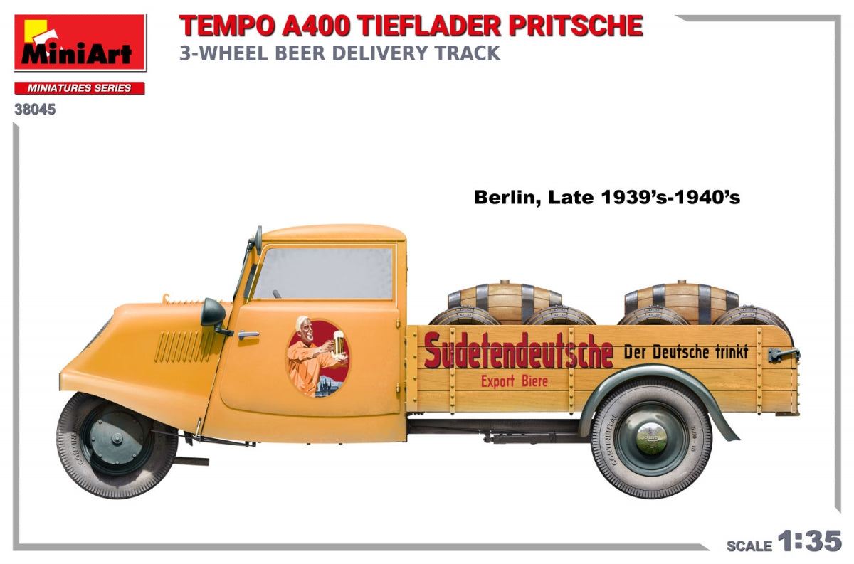 MiniArt 38045 TEMPO A400 TIEFLADER PRITSCHE 3-WHEEL BEER DELIVERY TRUCK 1/35 – image 3