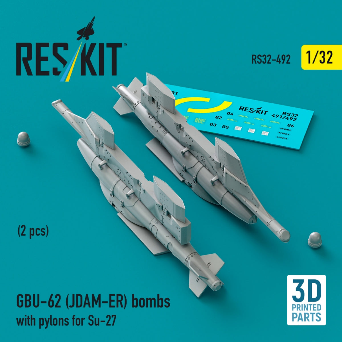 RESKIT RS32-0492 Bombes GBU-62 (JDAM-ER) avec pylônes pour Su-27 (2 pièces) (Impression 3D) 1/32