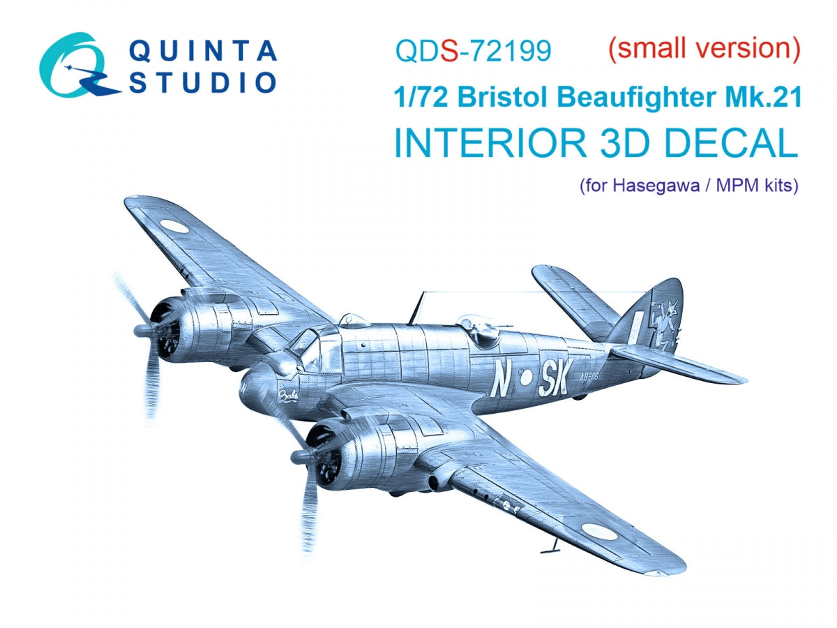Quinta Studio QDS-72199 Bristol Beaufighter Mk.21 3D-Printed &amp;amp; colored Interior on decal paper (Hasegawa/MPM) (small version) 1/72