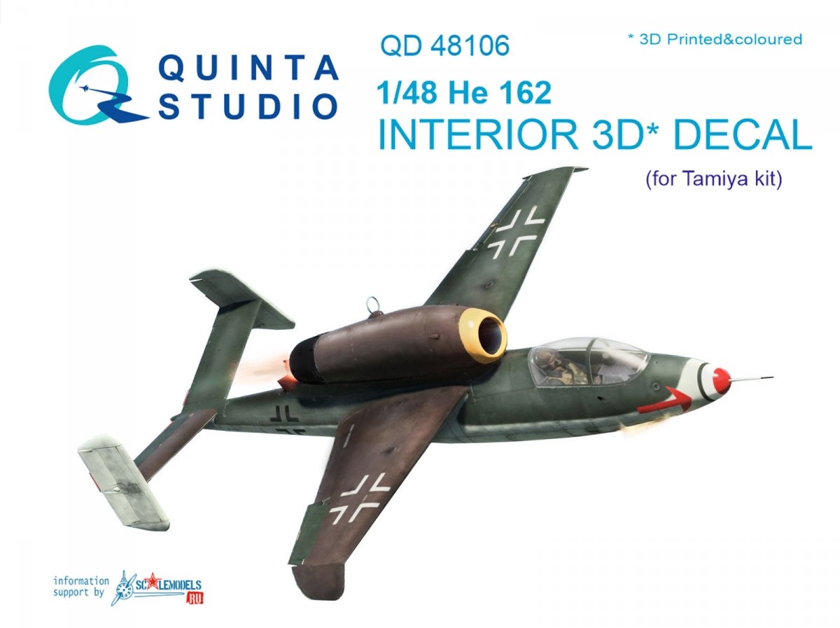 Quinta Studio QD48106 He-162 3D-Printed &amp;amp; colored Interior on decal paper (for Tamiya kit) 1/48