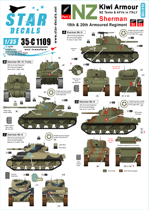 Star Decals 35-C1109 Kiwi Armor 2 - Shermans of 18th &amp; 20th Armored Regiment 1/35
