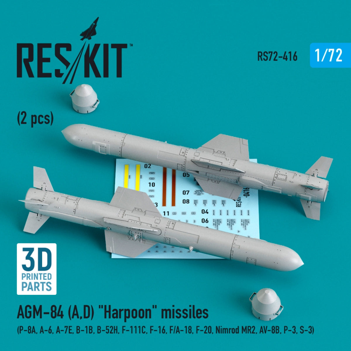 RESKIT RS72-0416 AGM-84 (A,D) &amp;quot;HARPOON&amp;quot; MISSILES (2 PCS) (3D PRINTED) 1/72
