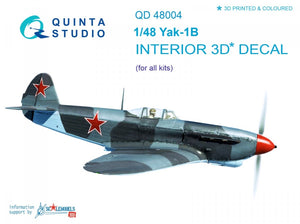 Quinta Studio QD48004 Yak-1B (late production) 3D-Printed &amp;amp; colored Interior on decal pape (for all kits) 1/48