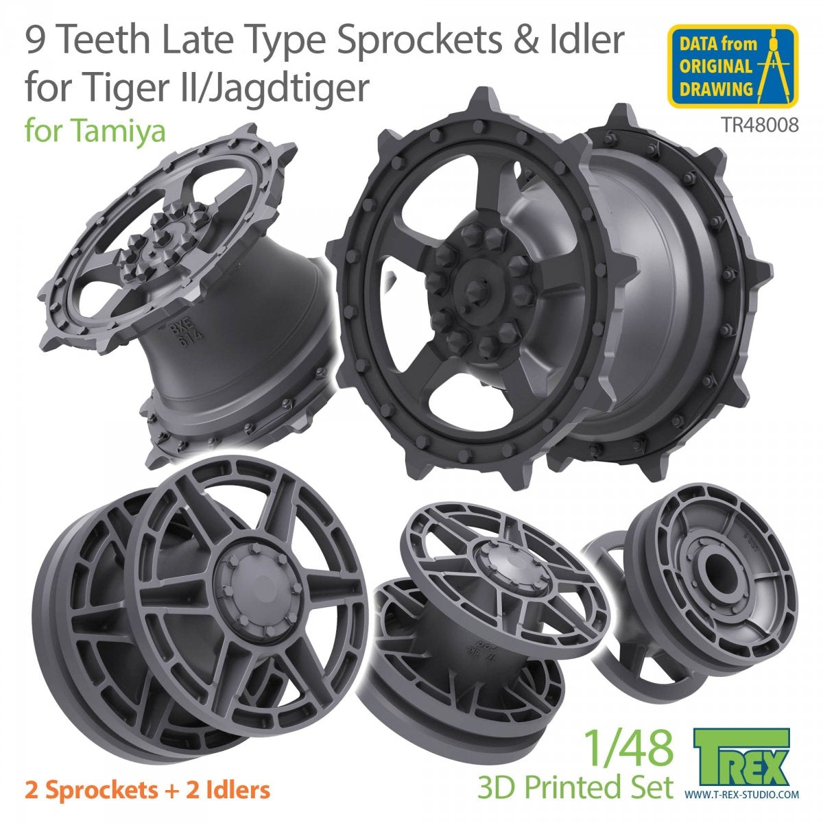 T-Rex Studio TR48008 9 Teeth Late Type Sprocket &amp; Idler for Tiger II/Jagdtiger for TAMIYA 1/48