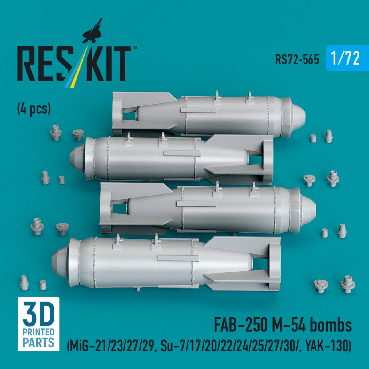 RESKIT RS72-0565 FAB-250 М-54 bombs (4 pcs) (MiG-21/23/27/29, Su-7/17/20/22/24/25/27/30/ YAK-130) (3D Printed) 1/72