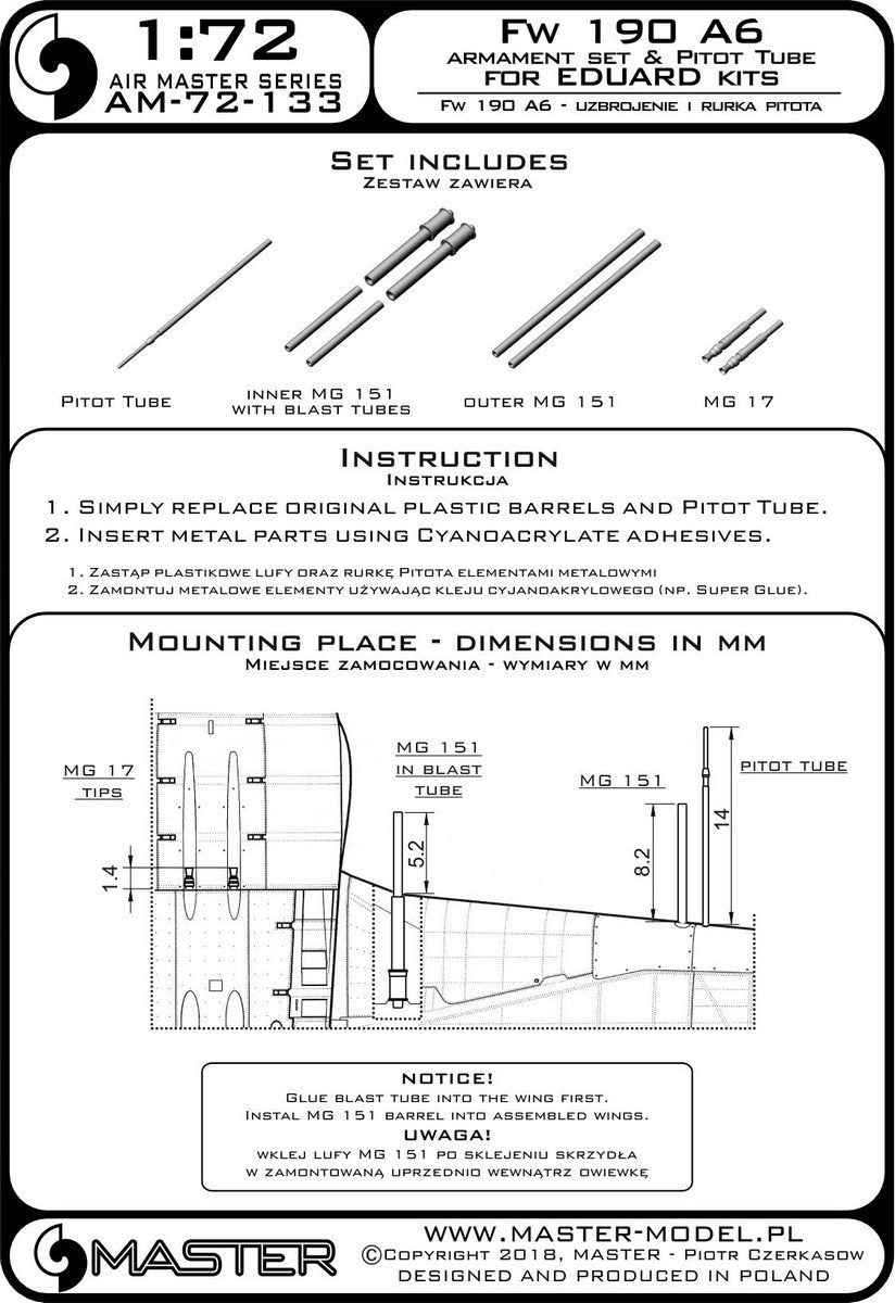 Master AM-72-133 Fw 190 A6 armament set (MG 17 tips, MG 151 barrels) and pitot tube (for Eduard models) (1/72) – image 3
