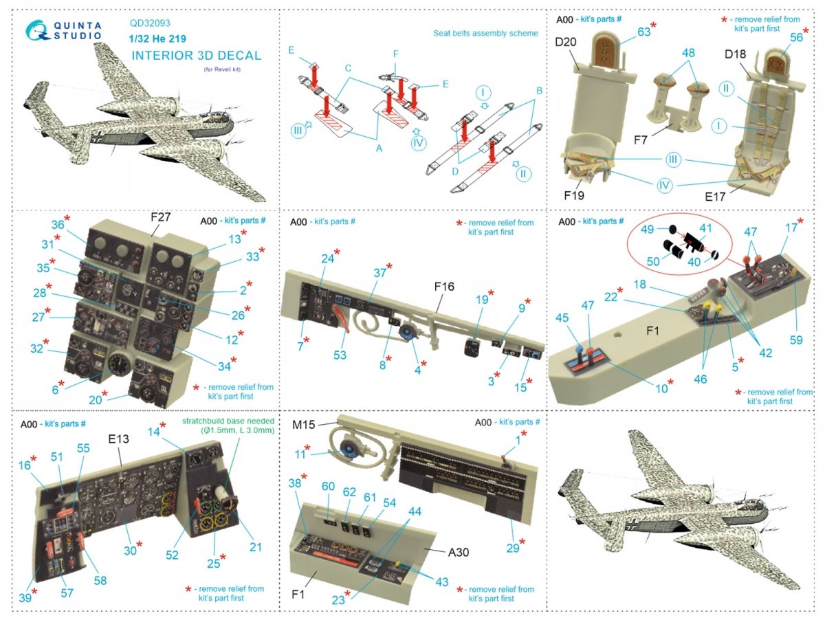 Quinta Studio QD32093 He 219 3D-Printed &amp;amp; colored Interior on decal paper (Revell) 1/32 – Bild 2