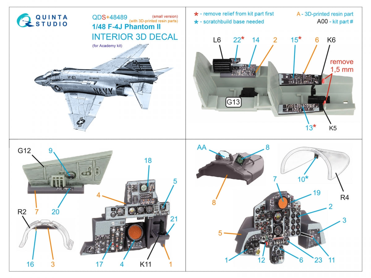 Quinta Studio QDS+48489 F-4J Phantom II 3D-Printed &amp;amp; colored Interior on decal paper (Academy) (Small version) (with 3D-printed resin parts) 1/48 – Bild 3