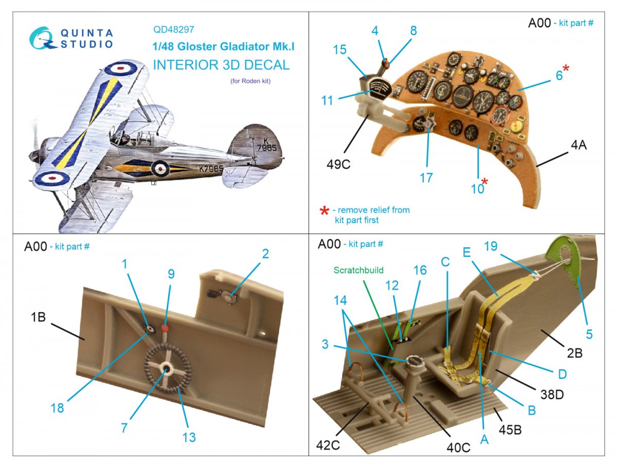 Quinta Studio QD48297 Gloster Gladiator MKI 3D-Printed &amp;amp; colored Interior on decal paper (Roden) 1/48 – image 2