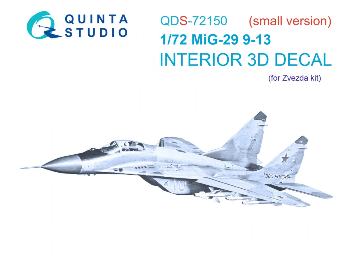 Quinta Studio QDS-72150 Mig-29 9-13 3D-Printed colored Interior on decal paper (7278 Zvezda) 1/72