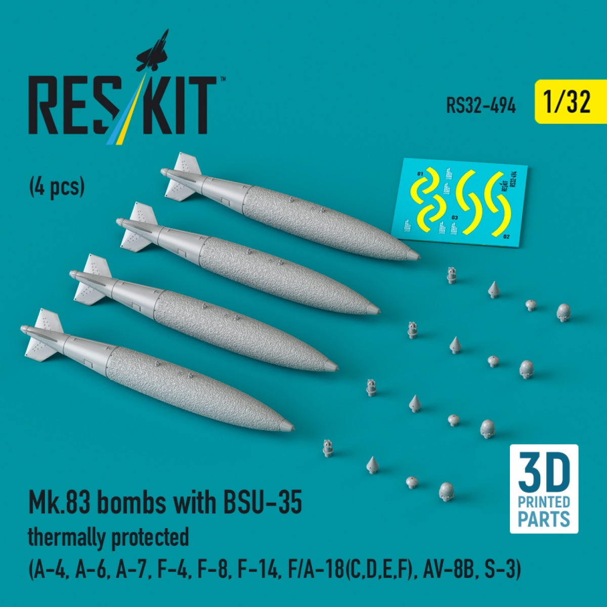 RESKIT RS32-0494 Bombes Mk.83 avec protection thermique BSU-35 (4 pièces) (impression 3D) 1/32