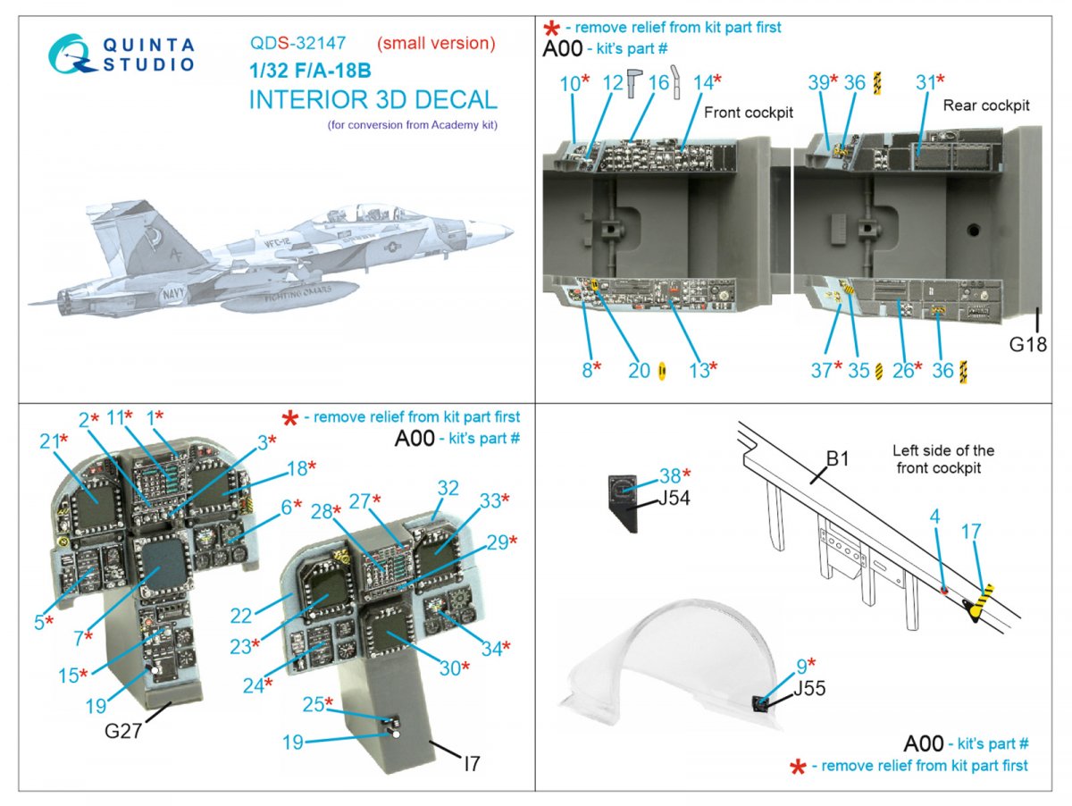 Quinta Studio QDS-32147 F/A-18B Early 3D-Printed &amp;amp; colored Interior on decal paper (Academy) (Small version) 1/32 – image 12