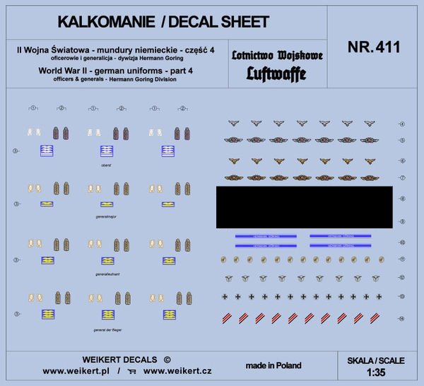 Weikert Decals DEC411 German Uniforms - Part 4 - Luftwaffe - Hermann Goring Division 1/35