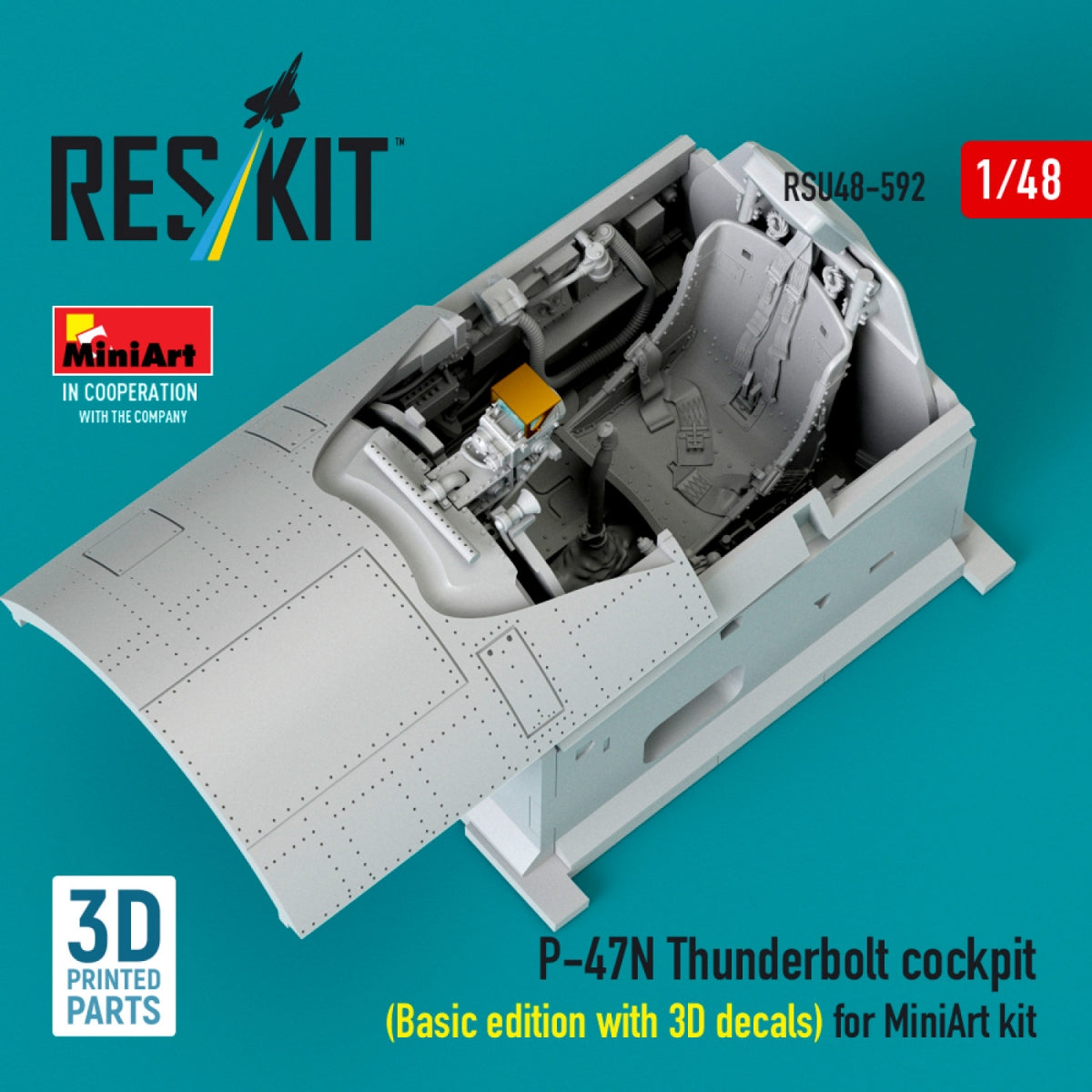 RESKIT RSU48-0592 P-47N Thunderbolt cockpit (Basic edition with 3D decals) for MiniArt kit (3D Printed) 1/48