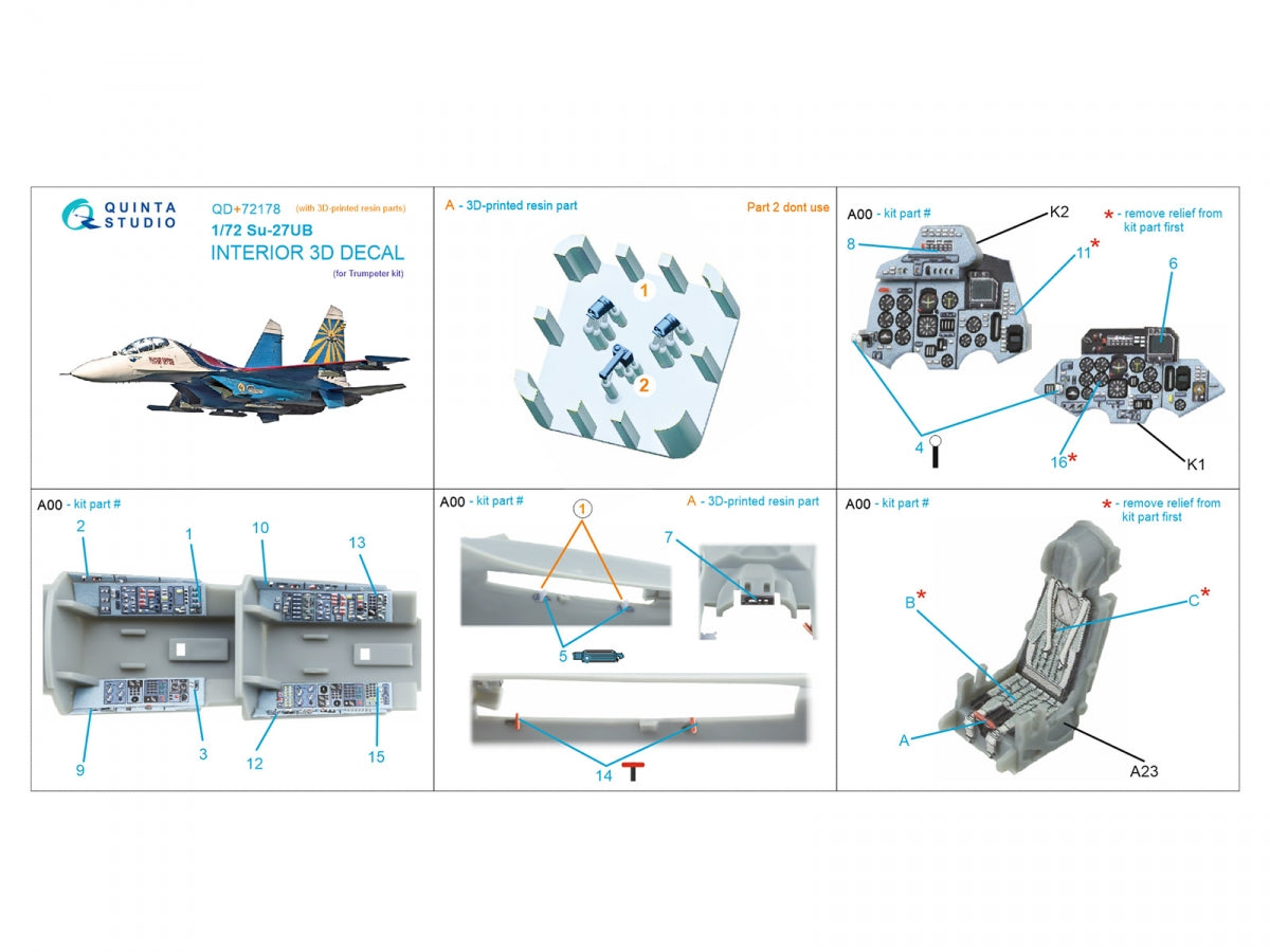 Quinta Studio QD+72180 Su-33 3D-Printed &amp;amp; colored Interior on decal paper (Trumpeter) (with 3D-printed resin part) 1/72 – obrázek 3