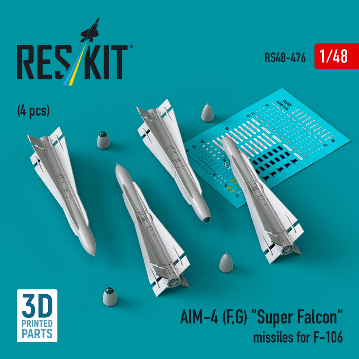 RESKIT RS48-0476 AIM-4 (F, G) &amp;quot;Super Falcon&amp;quot; missiles for F-106 (4 pcs) (3D Printed) 1/48