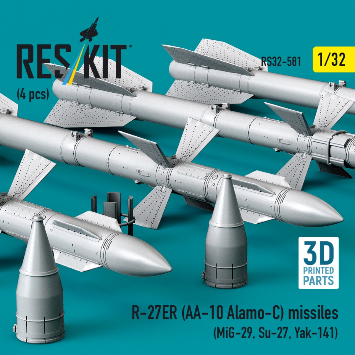 RESKIT RS32-0581 R-27ER (AA-10 Alamo-C) missiles (4 pcs) (MiG-29, Su-27, Yak-141) (3D Printed) 1/32