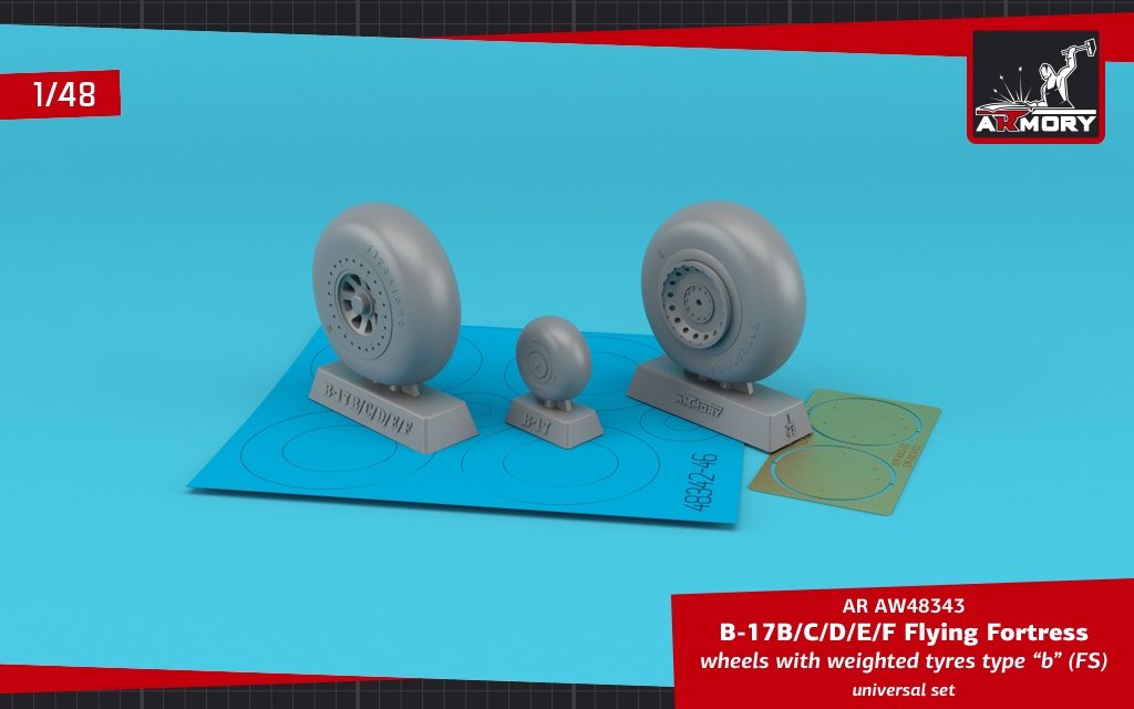 Armory Models AW48343 B-17B/C/D/E/F Flying Fortress wheels w/ weighted tires type “b” (FS) &amp; PE hubcaps 1/48
