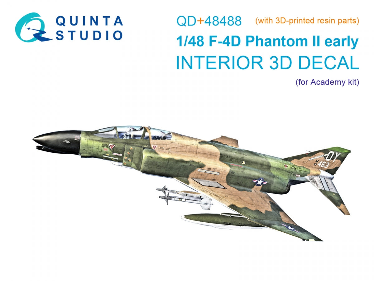 Quinta Studio QD+48488 F-4D Phantom II (première génération) Intérieur imprimé en 3D et coloré sur papier décalcomanie (Academy) (avec pièces en résine imprimées en 3D) 1/48