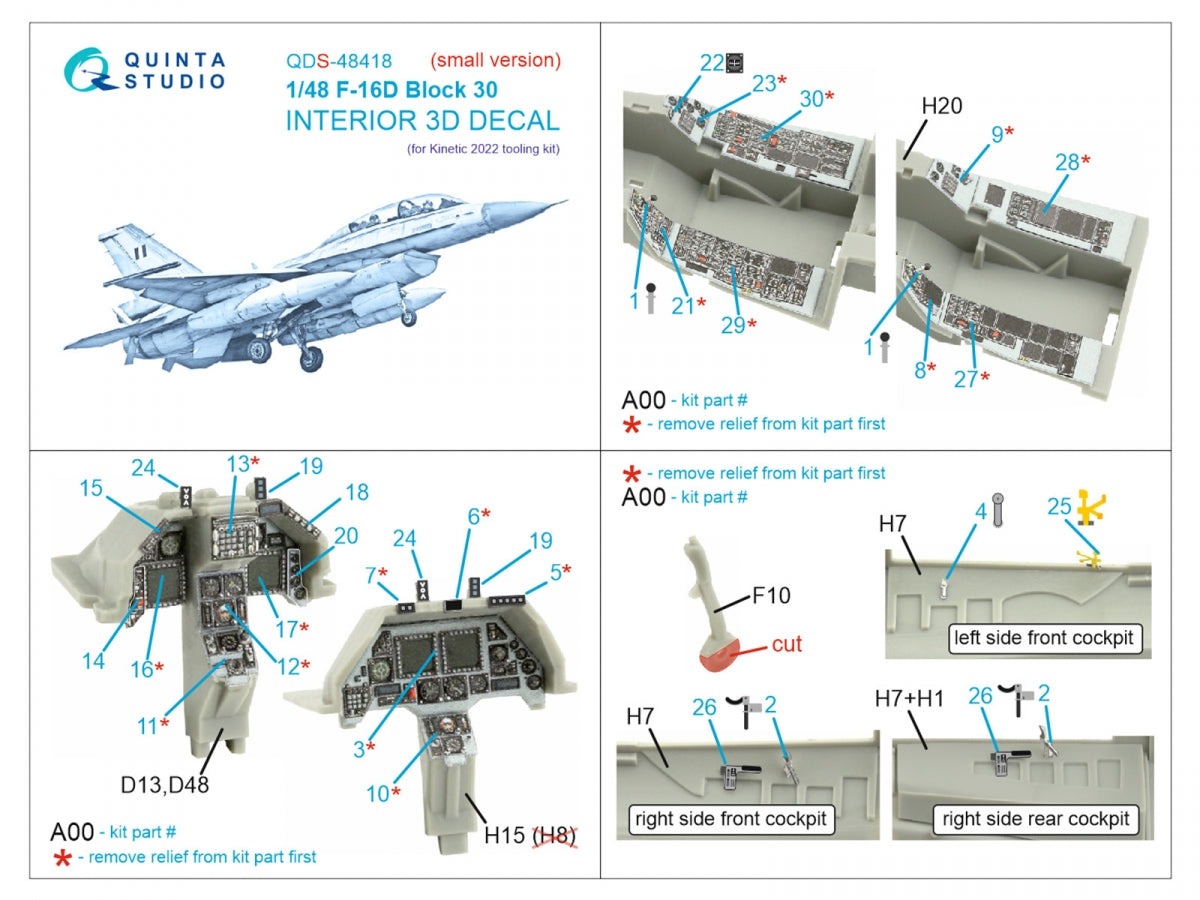 Quinta Studio QDS-48418 F-16D block 30 3D-Printed &amp;amp; colored Interior on decal paper (Kinetic 2022 tool) (Small version) 1/48 – obrázek 2