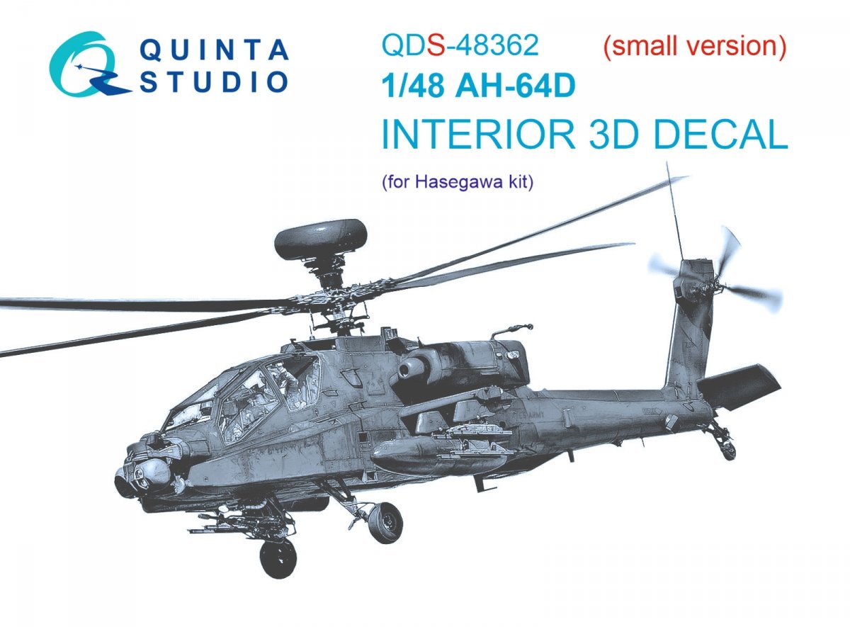 Quinta Studio QDS-48362 AH-64D 3D-Printed &amp;amp; colored Interior on decal paper (Hasegawa) (Small version) 1/48