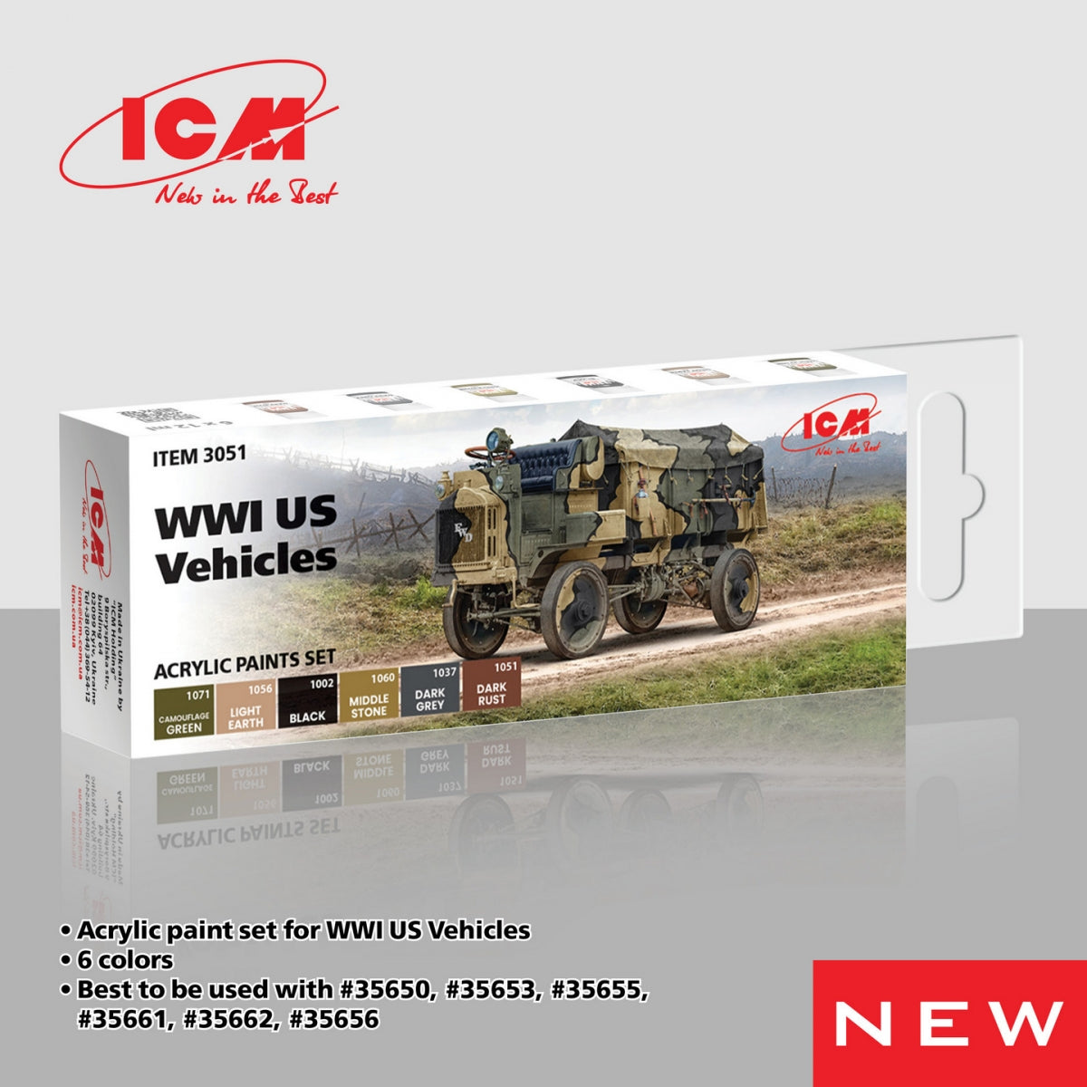 ICM 3051 Acrylic paints set for WWI US Vehicles 12 ml x 6