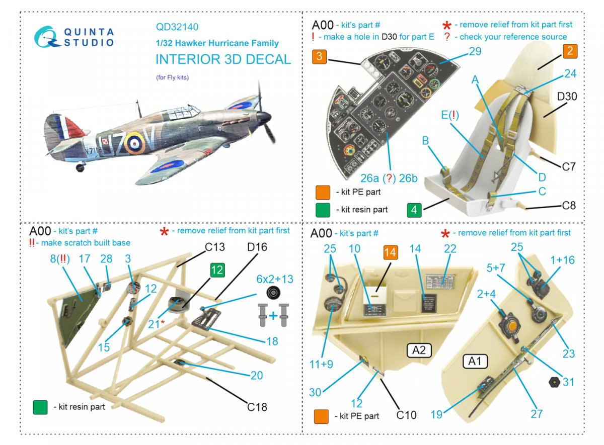 Quinta Studio QD32140 Hawker Hurricane Family 3D-Printed &amp;amp; colored Interior on decal paper (Fly) 1/32 – obrázek 12