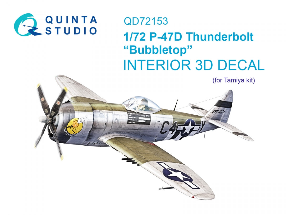 Quinta Studio QD72153 P-47D Thunderbolt Bubbletop 3D-Printed colored Interior on decal paper (Tamiya) 1/72