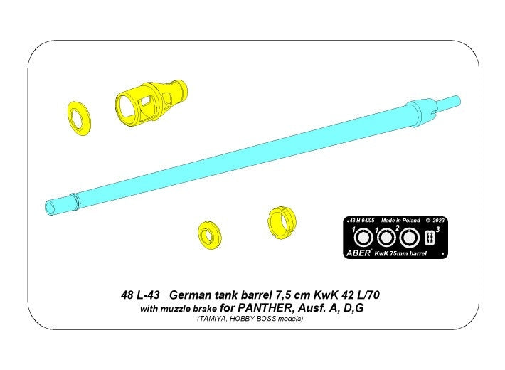 Aber 48L-43 7.5cm KwK 42L/70 barrel with muzzle brake for German Sd.Kfz. 171, Panther, Ausf. A, D or G tank 1/48