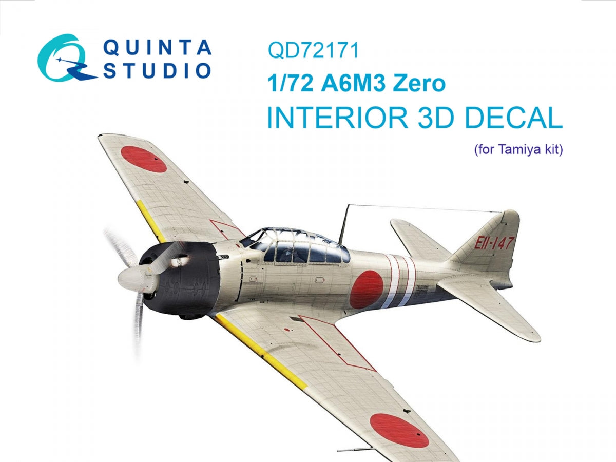 Quinta Studio QD72171 A6M3 Zero 3D-Printed &amp;amp; colored Interior on decal paper (Tamiya) 1/72