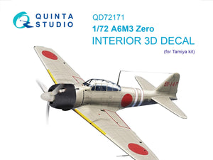 Quinta Studio QD72171 A6M3 Zero 3D-Printed &amp;amp; colored Interior on decal paper (Tamiya) 1/72