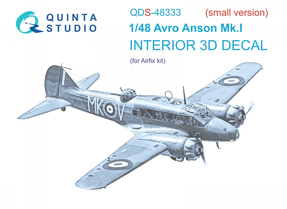 Quinta Studio QDS-48333 Avro Anson Mk.I 3D-Printed &amp;amp; colored Interior on decal paper (Airfix) (Small version) 1/48